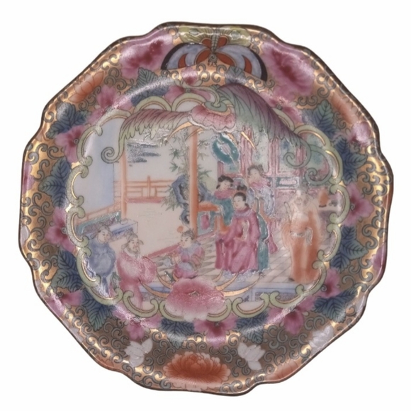 Antique Chinese Rose Mandarin 9” Porcelain Plate With Qianlong Mark Gold Details - Picture 2 of 10